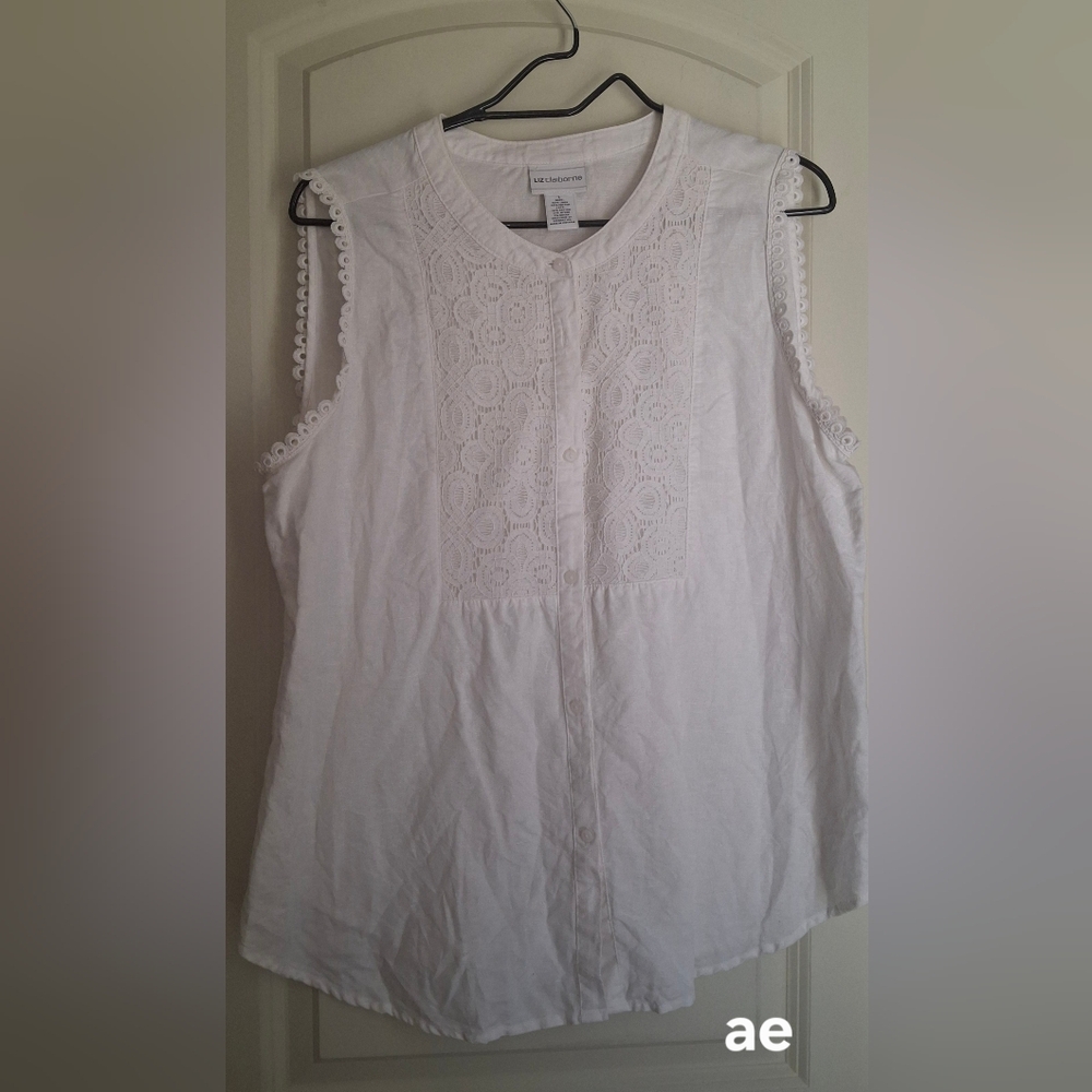 Liz Claiborne Womens Size L Oversized White Sand Sleeveless Linen Blend Top Lace